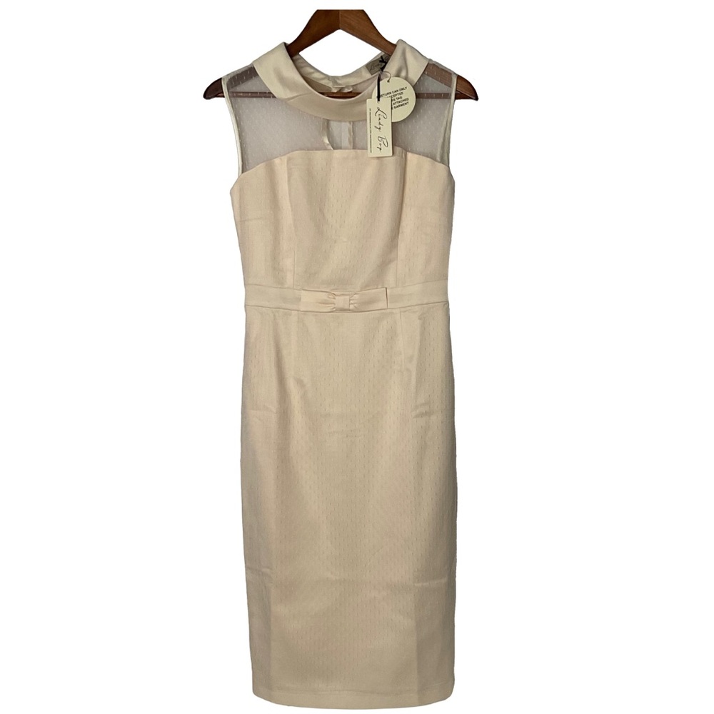 Lindy Bop Joni Sky Cream Sleeveless See Thru Mesh Neck Chest Belted Waist Sz 4.